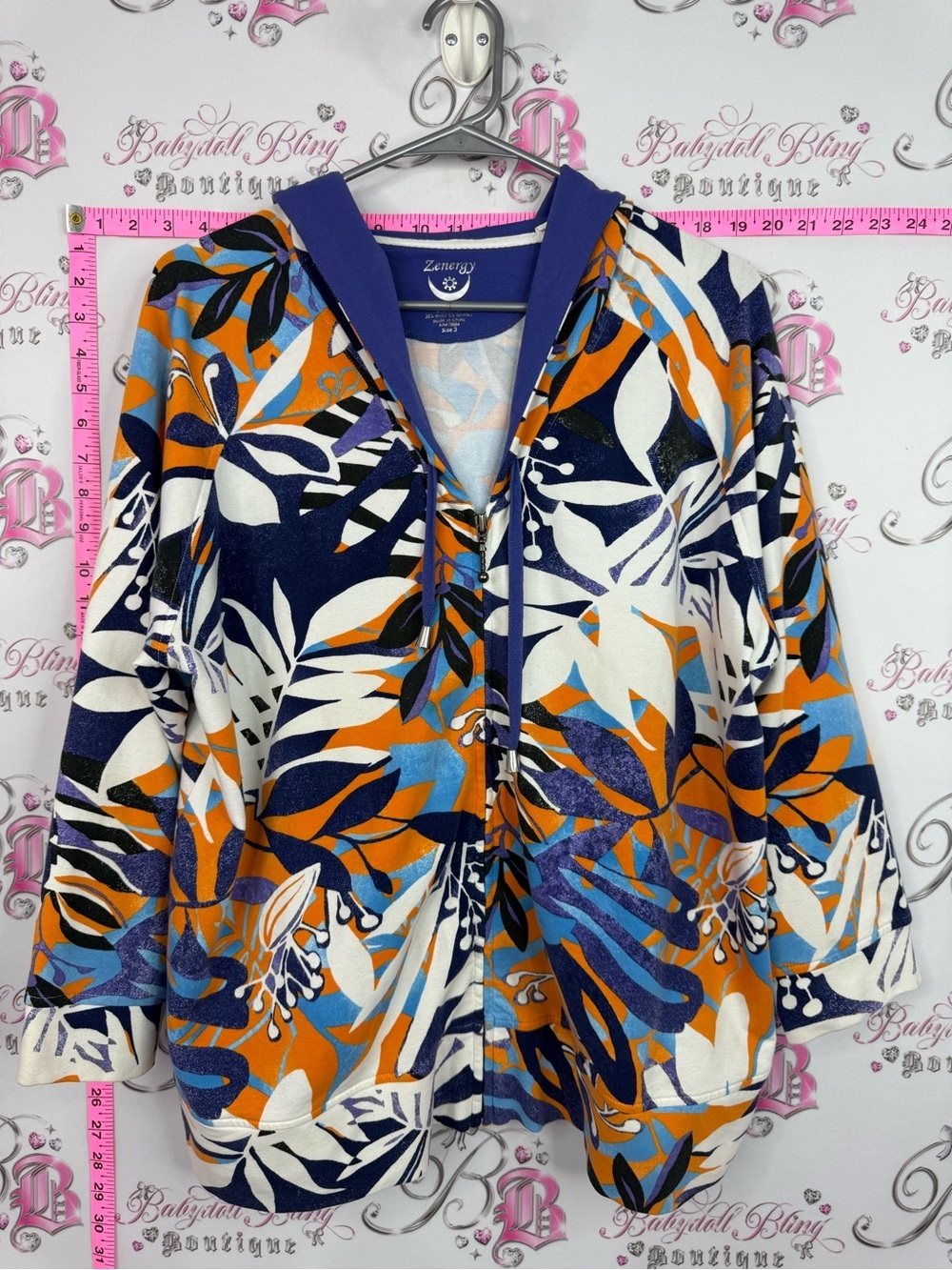 Zenergy Floral-Leaf Zip Hoodie in Navy, Orange & White